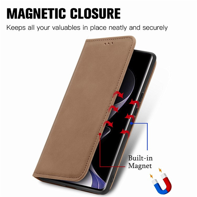 For vivo T3 Ultra 5G Case Skin Touch Feeling Leather Card Holder Phone Cover Magnetic Absorption - Brown