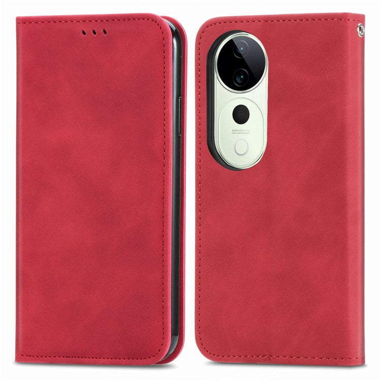 For vivo T3 Ultra 5G Case Skin Touch Feeling Leather Card Holder Phone Cover Magnetic Absorption - Red