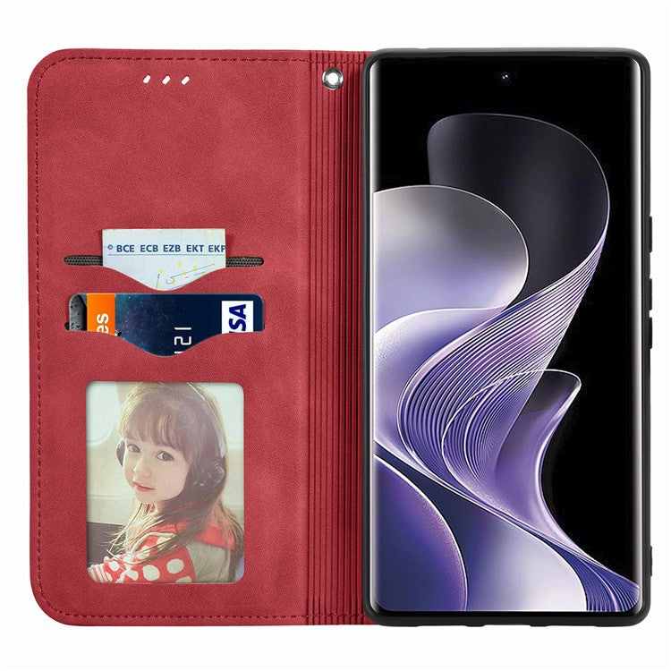 For vivo T3 Ultra 5G Case Skin Touch Feeling Leather Card Holder Phone Cover Magnetic Absorption - Red