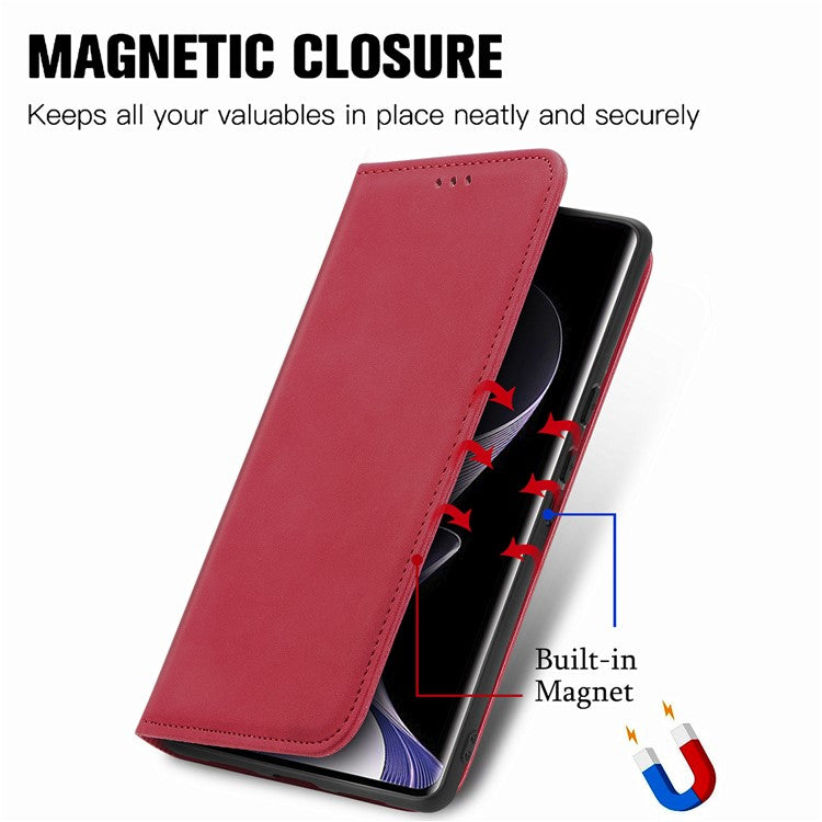 For vivo T3 Ultra 5G Case Skin Touch Feeling Leather Card Holder Phone Cover Magnetic Absorption - Red