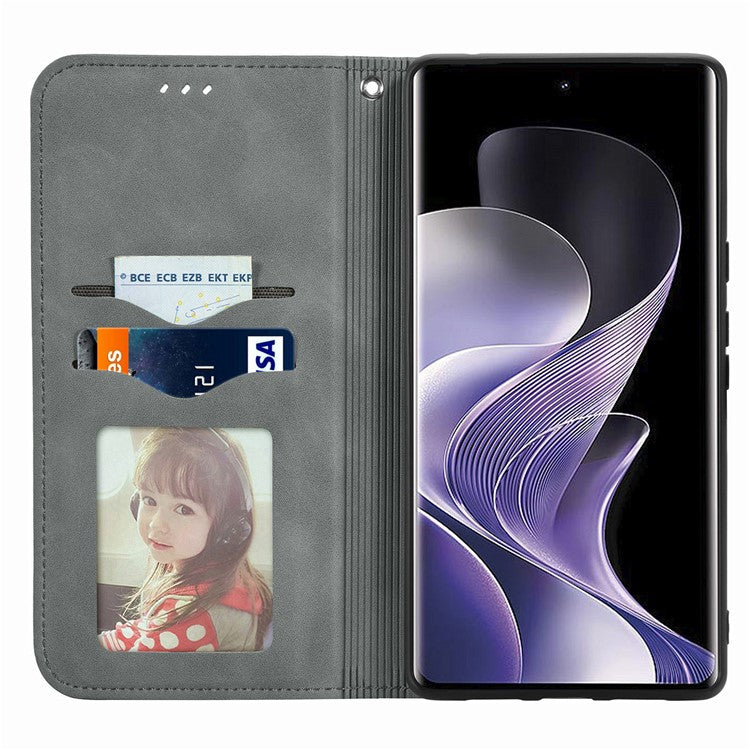 For vivo T3 Ultra 5G Case Skin Touch Feeling Leather Card Holder Phone Cover Magnetic Absorption - Grey