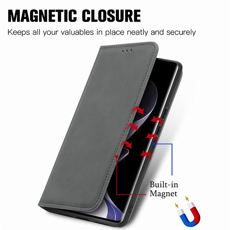 For vivo T3 Ultra 5G Case Skin Touch Feeling Leather Card Holder Phone Cover Magnetic Absorption - Grey