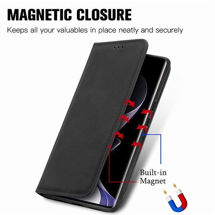 For vivo T3 Ultra 5G Case Skin Touch Feeling Leather Card Holder Phone Cover Magnetic Absorption - Black