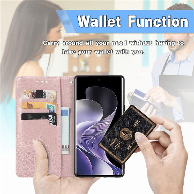 For vivo T3 Ultra 5G Wallet Case Mandala Flower Leather Phone Cover Stand View - Rose Gold