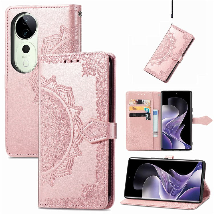 For vivo T3 Ultra 5G Wallet Case Mandala Flower Leather Phone Cover Stand View - Rose Gold