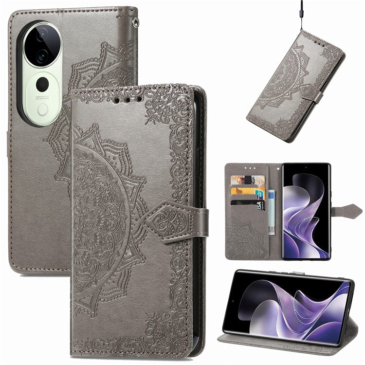 For vivo T3 Ultra 5G Wallet Case Mandala Flower Leather Phone Cover Stand View - Grey