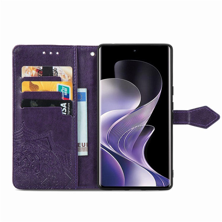 For vivo T3 Ultra 5G Wallet Case Mandala Flower Leather Phone Cover Stand View - Purple