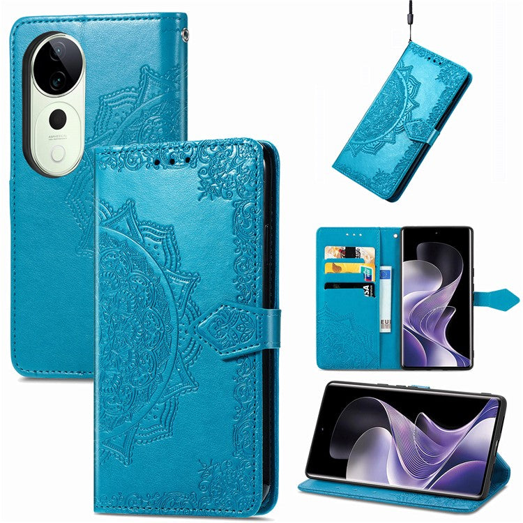 For vivo T3 Ultra 5G Wallet Case Mandala Flower Leather Phone Cover Stand View - Blue