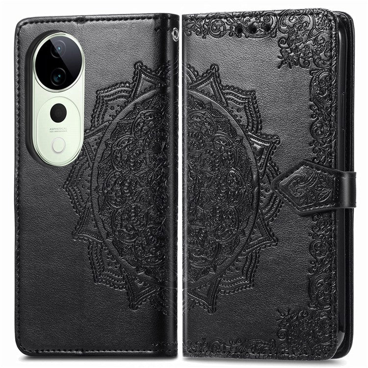 For vivo T3 Ultra 5G Wallet Case Mandala Flower Leather Phone Cover Stand View - Black