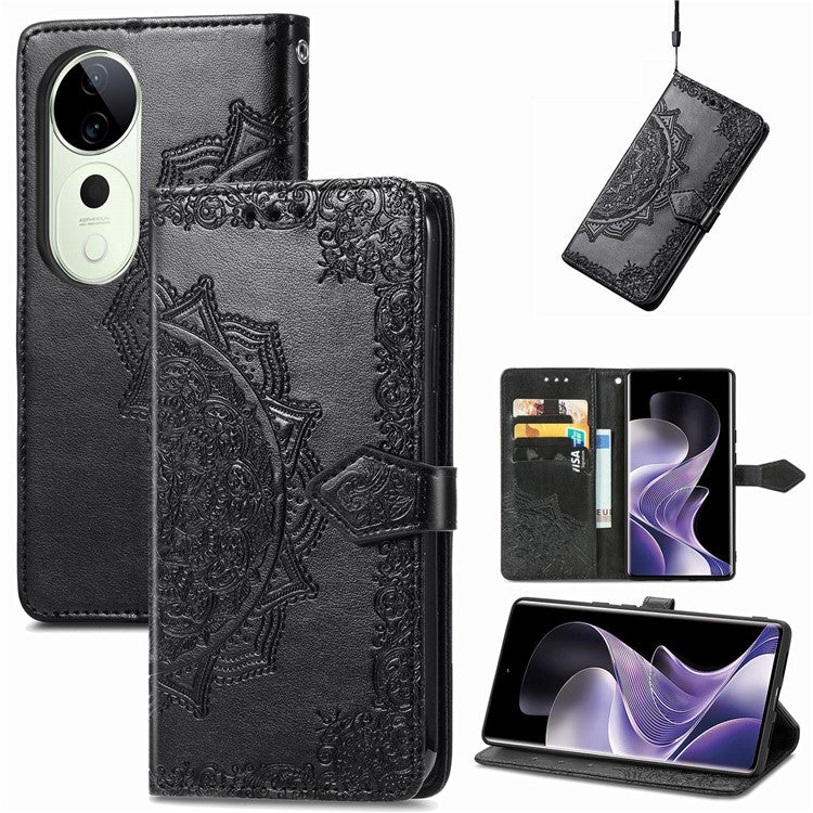 For vivo T3 Ultra 5G Wallet Case Mandala Flower Leather Phone Cover Stand View - Black