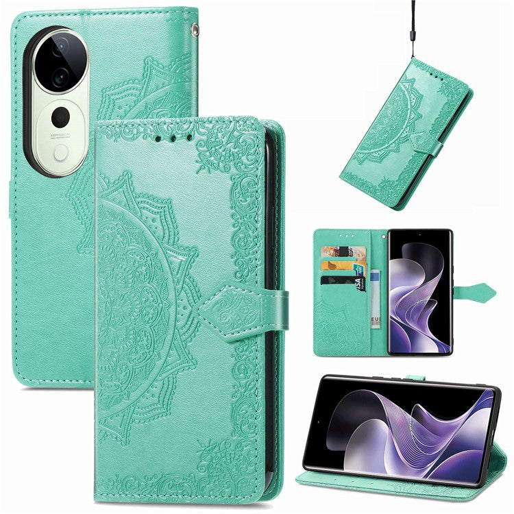 For vivo T3 Ultra 5G Wallet Case Mandala Flower Leather Phone Cover Stand View - Green