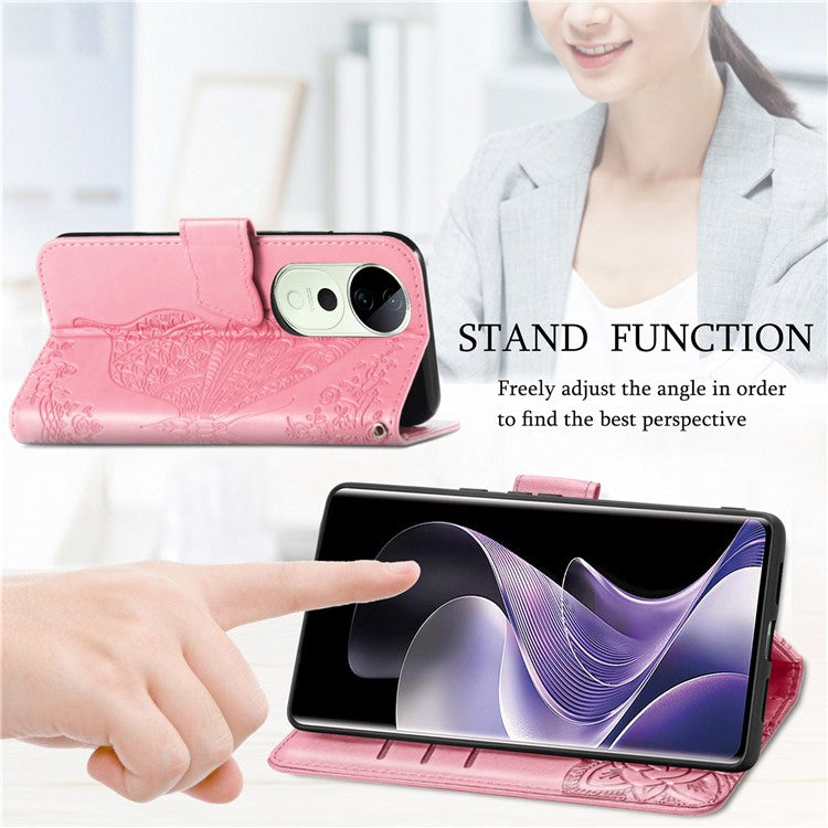 For vivo T3 Ultra 5G Case PU Leather Wallet Phone Cover Butterfly Pattern - Pink