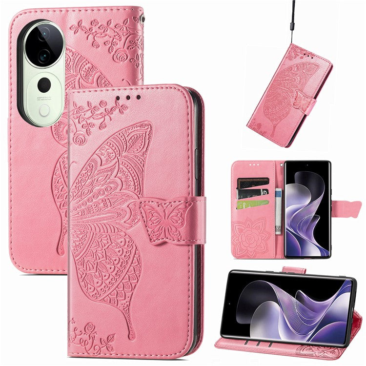 For vivo T3 Ultra 5G Case PU Leather Wallet Phone Cover Butterfly Pattern - Pink