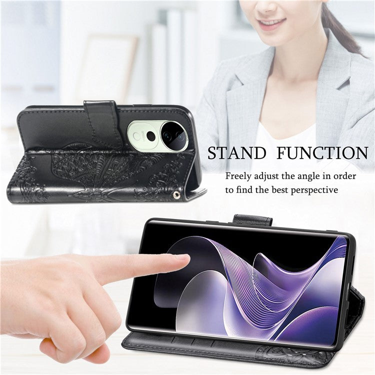 For vivo T3 Ultra 5G Case PU Leather Wallet Phone Cover Butterfly Pattern - Black