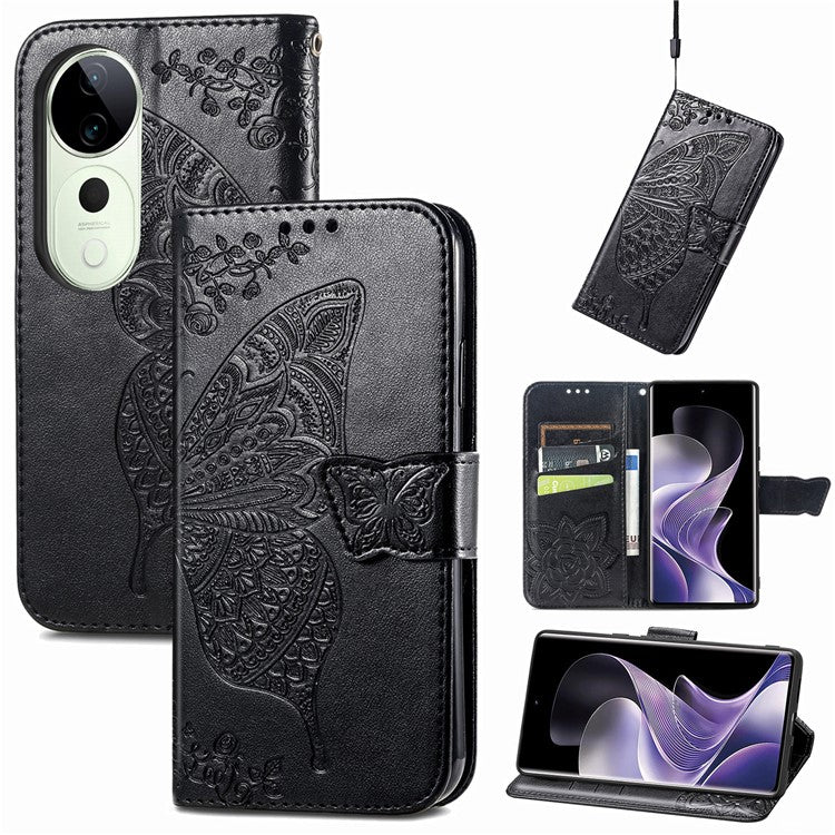 For vivo T3 Ultra 5G Case PU Leather Wallet Phone Cover Butterfly Pattern - Black