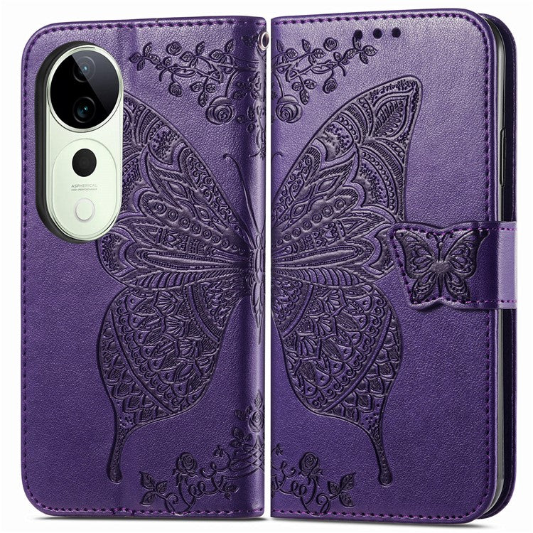 For vivo T3 Ultra 5G Case PU Leather Wallet Phone Cover Butterfly Pattern - Dark Purple