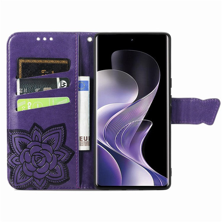 For vivo T3 Ultra 5G Case PU Leather Wallet Phone Cover Butterfly Pattern - Dark Purple