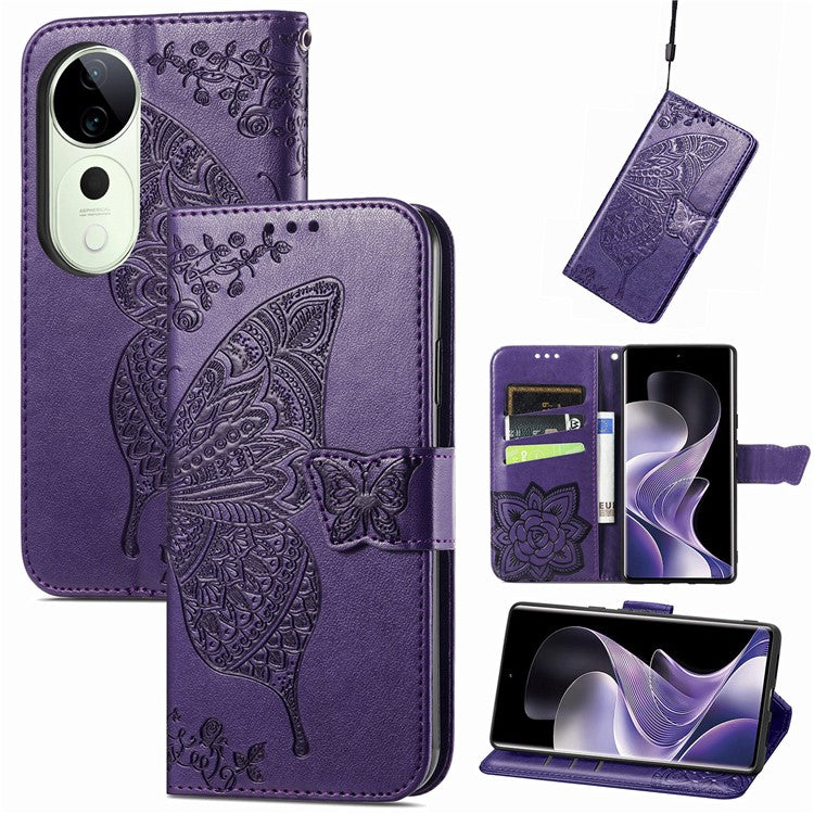 For vivo T3 Ultra 5G Case PU Leather Wallet Phone Cover Butterfly Pattern - Dark Purple