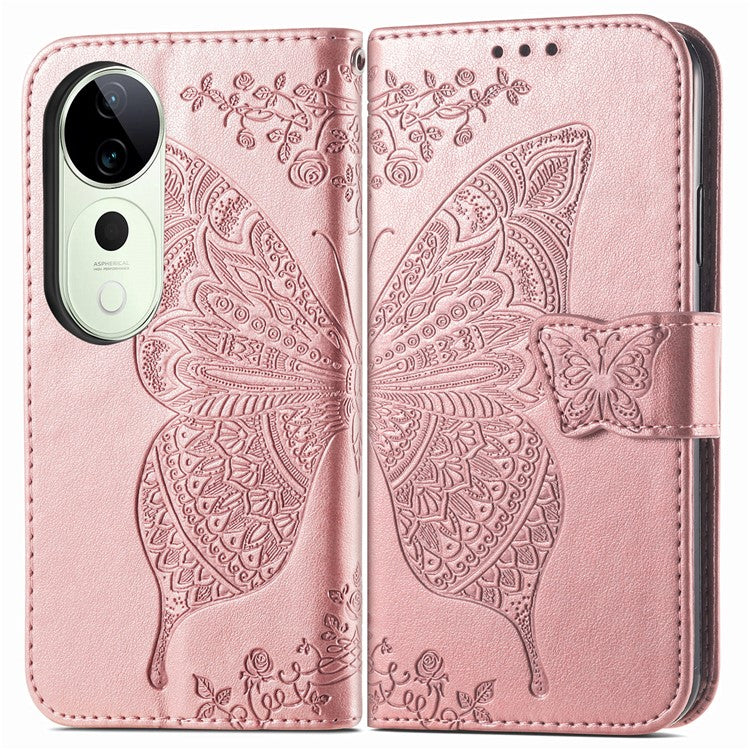 For vivo T3 Ultra 5G Case PU Leather Wallet Phone Cover Butterfly Pattern - Rose Gold