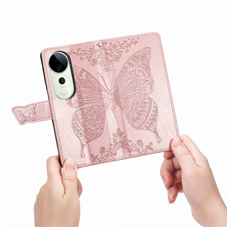 For vivo T3 Ultra 5G Case PU Leather Wallet Phone Cover Butterfly Pattern - Rose Gold