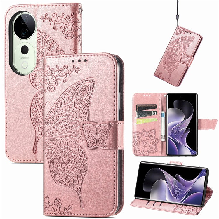 For vivo T3 Ultra 5G Case PU Leather Wallet Phone Cover Butterfly Pattern - Rose Gold