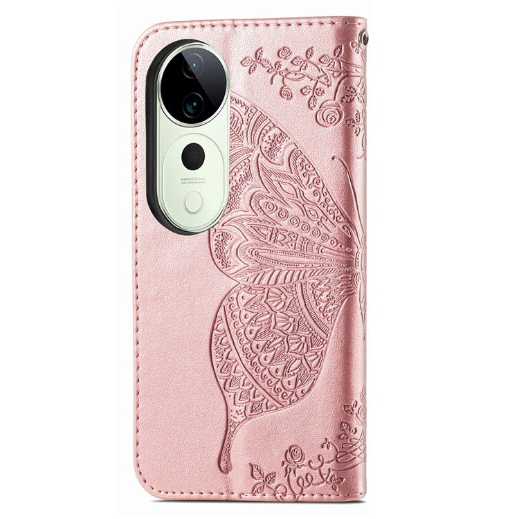 For vivo T3 Ultra 5G Case PU Leather Wallet Phone Cover Butterfly Pattern - Rose Gold