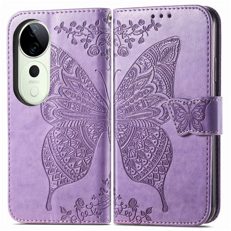 For vivo T3 Ultra 5G Case PU Leather Wallet Phone Cover Butterfly Pattern - Light Purple