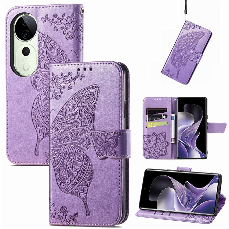 For vivo T3 Ultra 5G Case PU Leather Wallet Phone Cover Butterfly Pattern - Light Purple