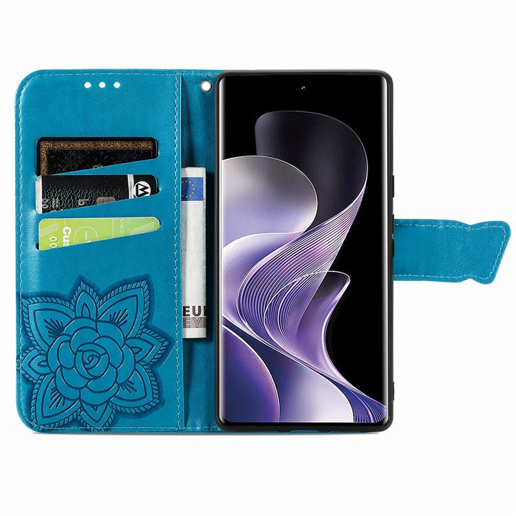 For vivo T3 Ultra 5G Case PU Leather Wallet Phone Cover Butterfly Pattern - Blue