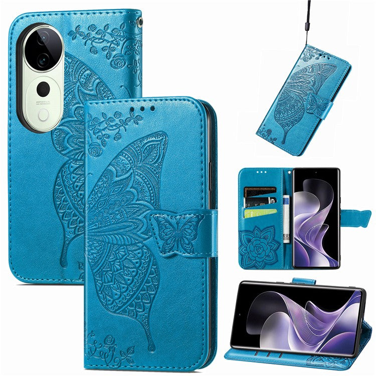 For vivo T3 Ultra 5G Case PU Leather Wallet Phone Cover Butterfly Pattern - Blue