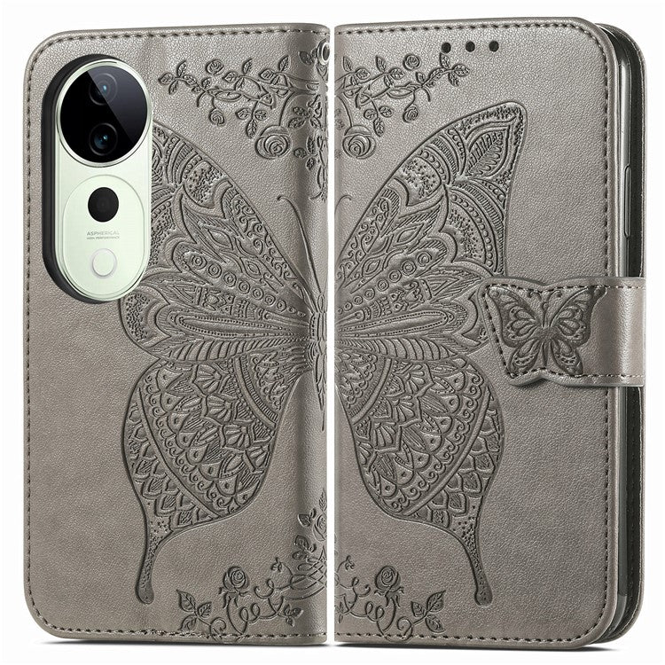 For vivo T3 Ultra 5G Case PU Leather Wallet Phone Cover Butterfly Pattern - Grey