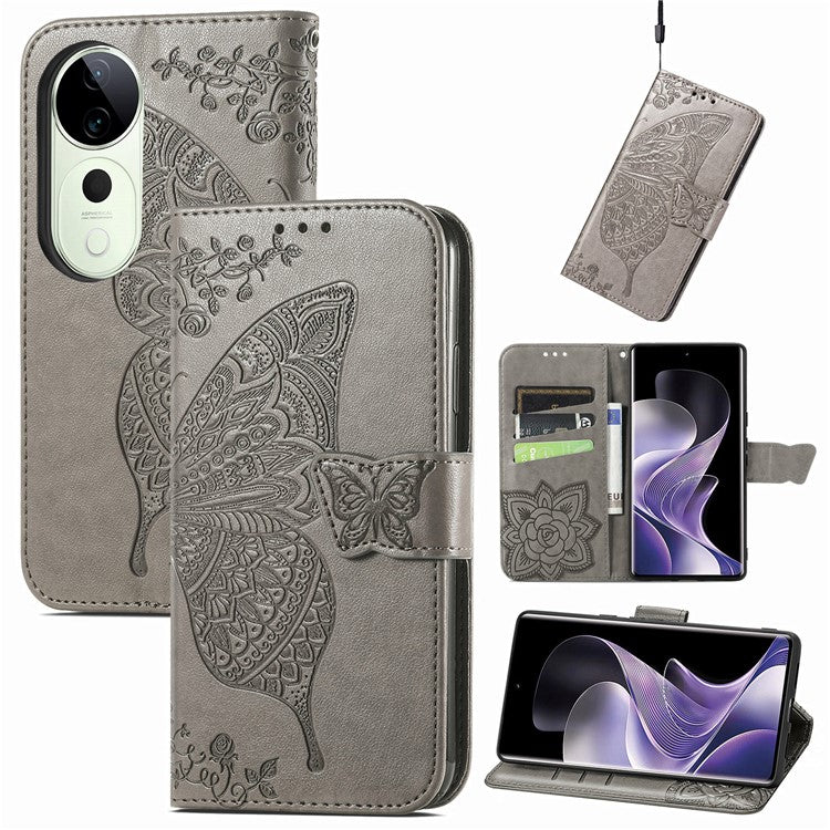 For vivo T3 Ultra 5G Case PU Leather Wallet Phone Cover Butterfly Pattern - Grey