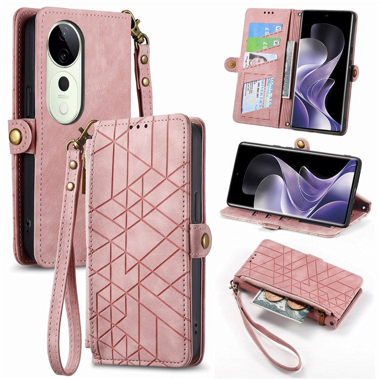 For vivo T3 Ultra 5G Case Zipper Wallet Geometry Lines Leather Phone Cover - Pink