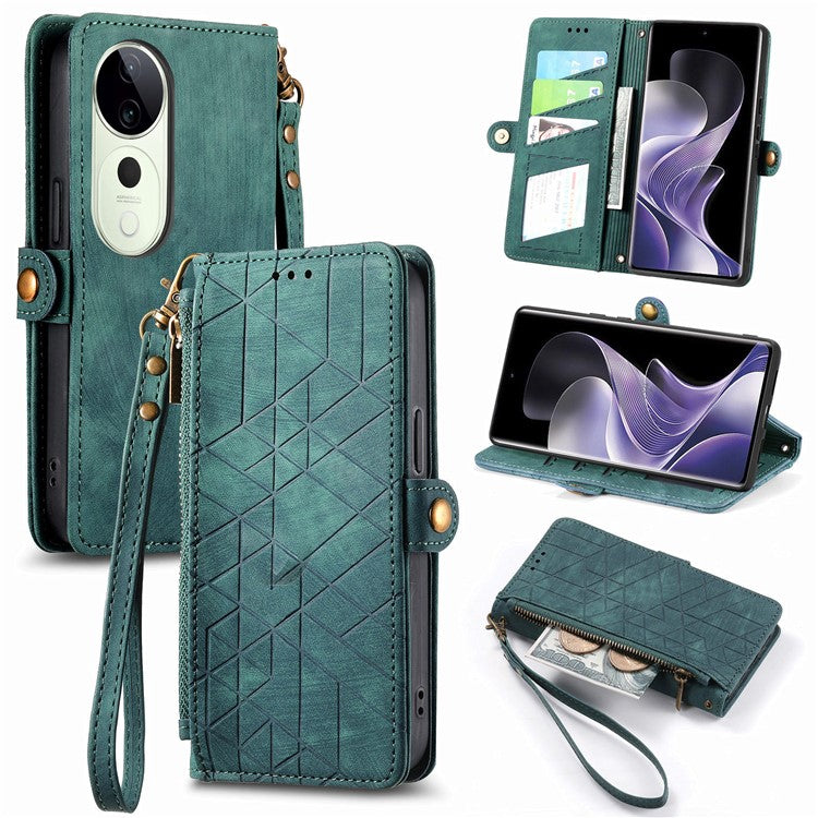 For vivo T3 Ultra 5G Case Zipper Wallet Geometry Lines Leather Phone Cover - Green