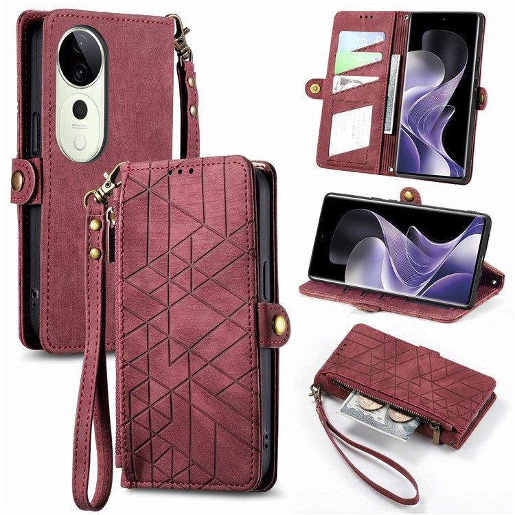 For vivo T3 Ultra 5G Case Zipper Wallet Geometry Lines Leather Phone Cover - Red