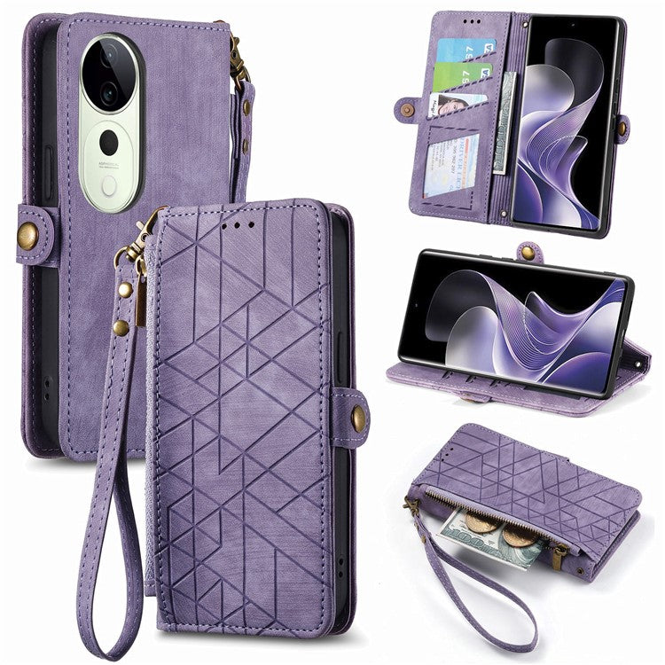 For vivo T3 Ultra 5G Case Zipper Wallet Geometry Lines Leather Phone Cover - Light Purple