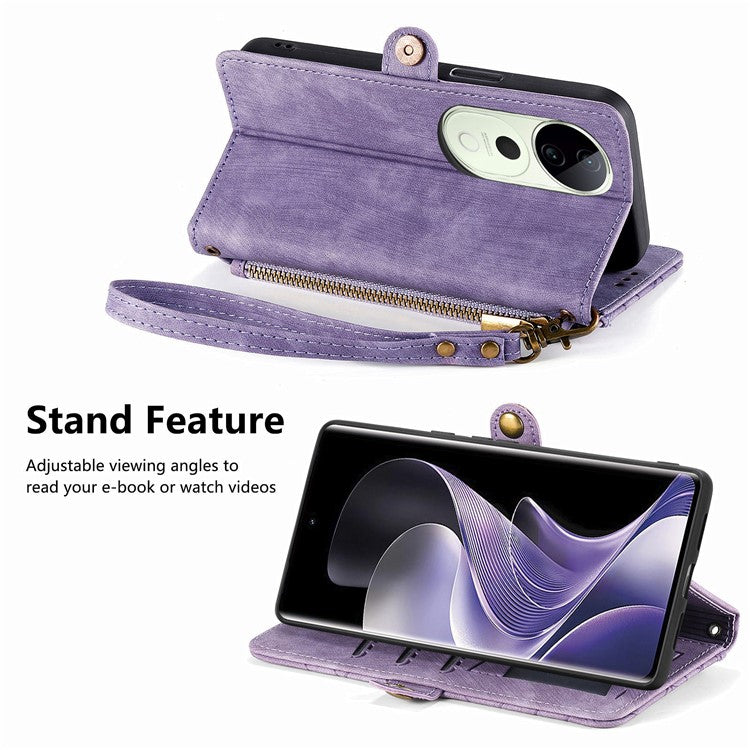 For vivo T3 Ultra 5G Case Zipper Wallet Geometry Lines Leather Phone Cover - Light Purple