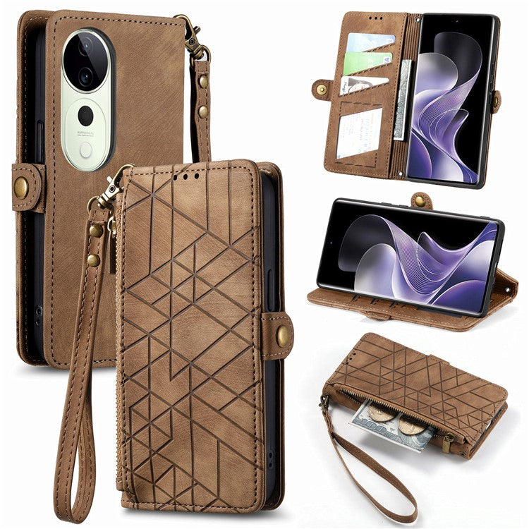 For vivo T3 Ultra 5G Case Zipper Wallet Geometry Lines Leather Phone Cover - Brown