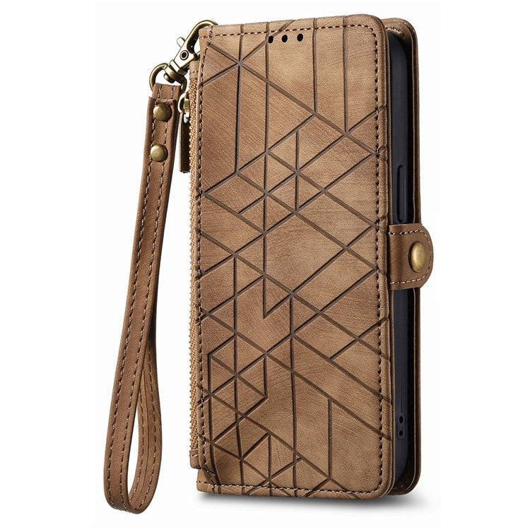 For vivo T3 Ultra 5G Case Zipper Wallet Geometry Lines Leather Phone Cover - Brown