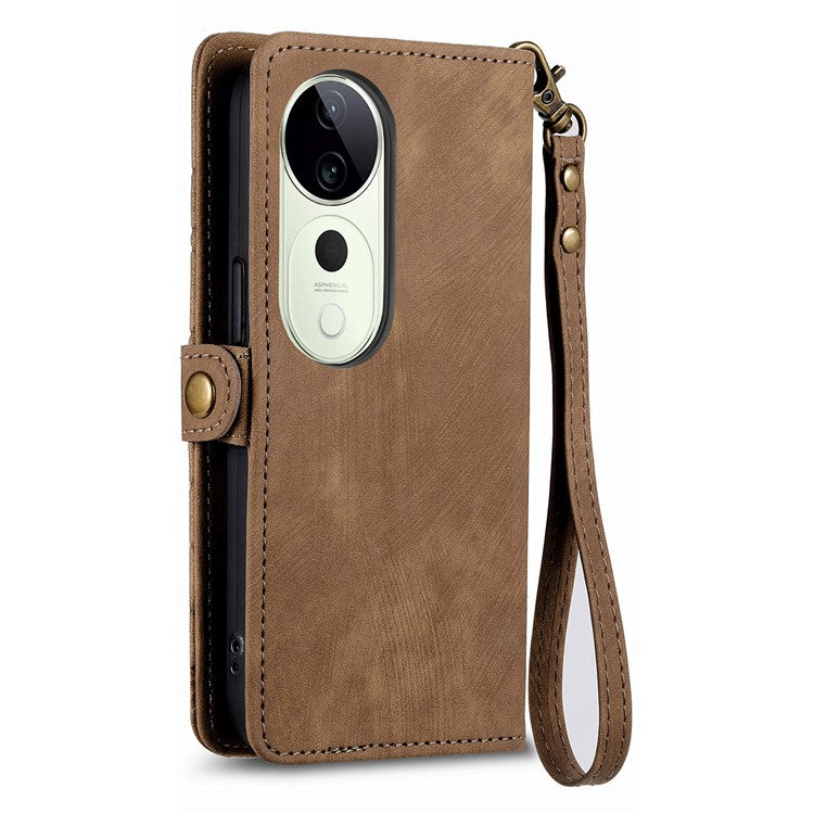 For vivo T3 Ultra 5G Case Zipper Wallet Geometry Lines Leather Phone Cover - Brown