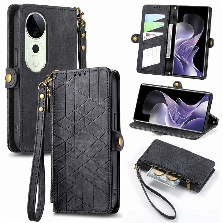 For vivo T3 Ultra 5G Case Zipper Wallet Geometry Lines Leather Phone Cover - Black