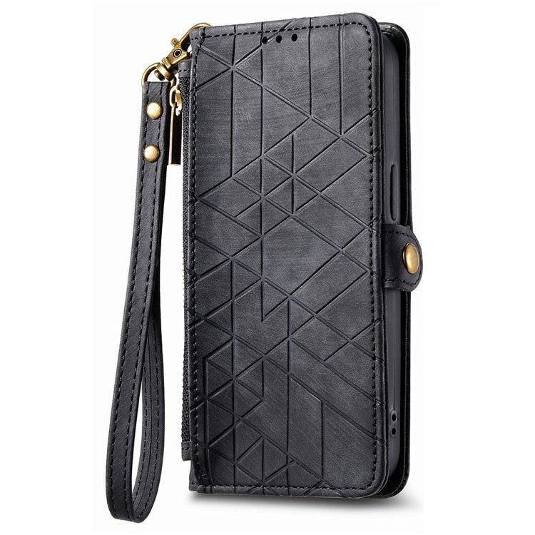 For vivo T3 Ultra 5G Case Zipper Wallet Geometry Lines Leather Phone Cover - Black