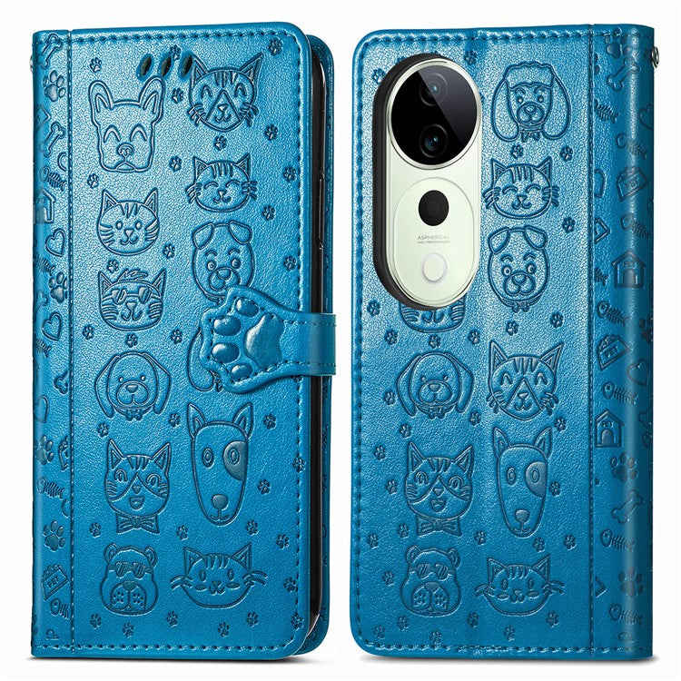 For vivo T3 Ultra 5G Case Leather Wallet Flip Phone Cover Cute Cat Dog Pattern - Blue