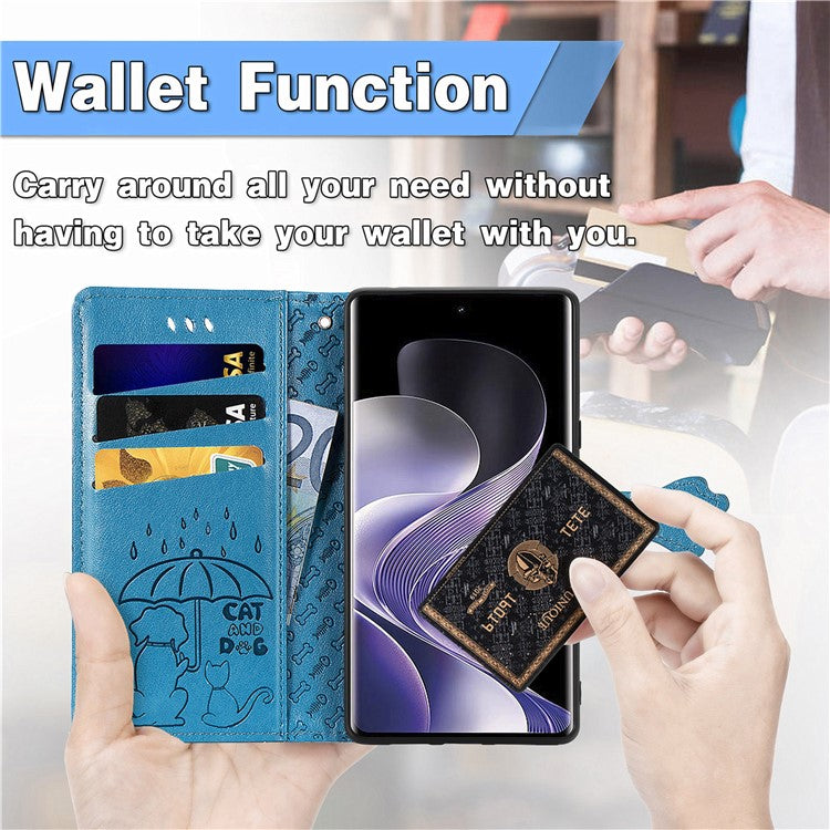 For vivo T3 Ultra 5G Case Leather Wallet Flip Phone Cover Cute Cat Dog Pattern - Blue