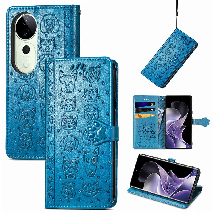 For vivo T3 Ultra 5G Case Leather Wallet Flip Phone Cover Cute Cat Dog Pattern - Blue