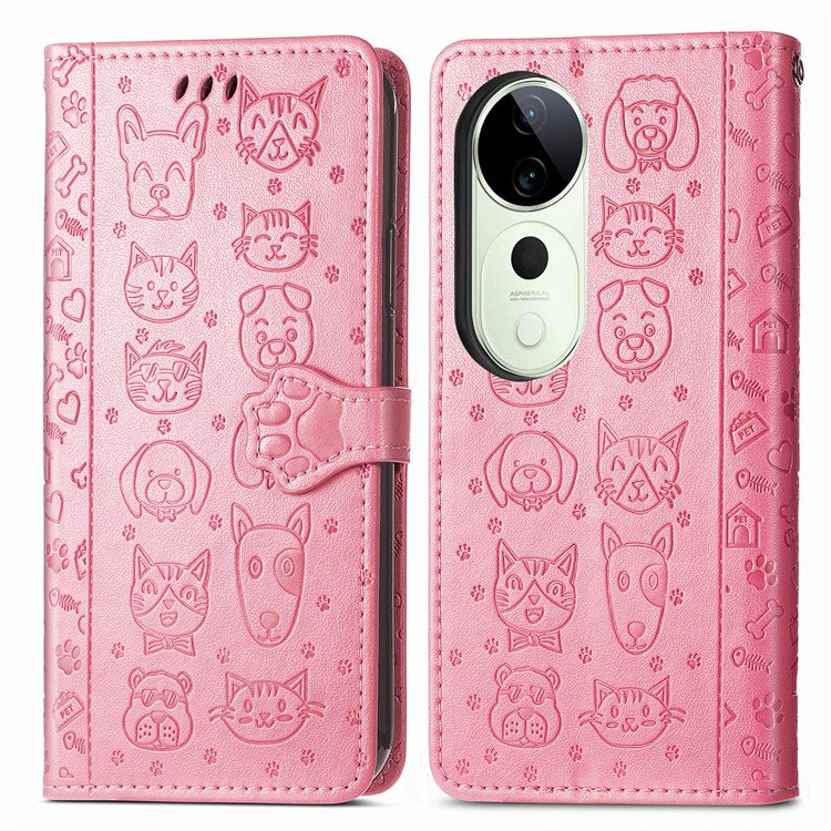 For vivo T3 Ultra 5G Case Leather Wallet Flip Phone Cover Cute Cat Dog Pattern - Pink