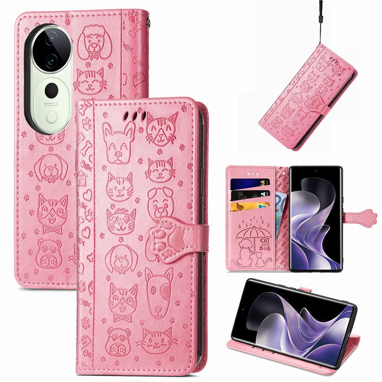 For vivo T3 Ultra 5G Case Leather Wallet Flip Phone Cover Cute Cat Dog Pattern - Pink