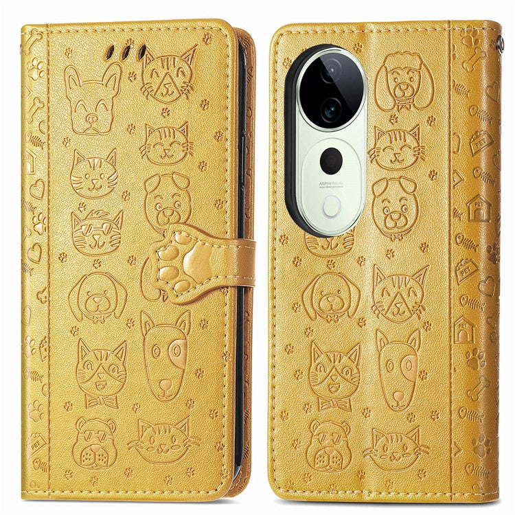 For vivo T3 Ultra 5G Case Leather Wallet Flip Phone Cover Cute Cat Dog Pattern - Yellow