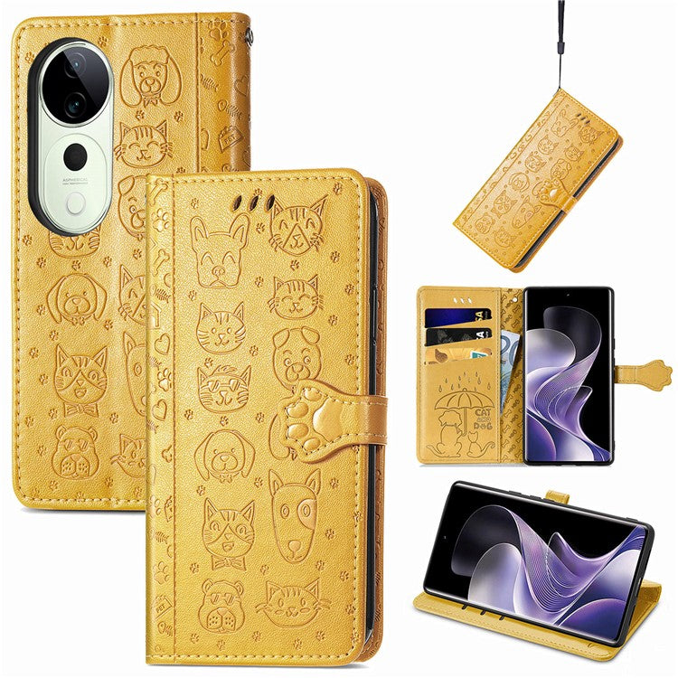 For vivo T3 Ultra 5G Case Leather Wallet Flip Phone Cover Cute Cat Dog Pattern - Yellow