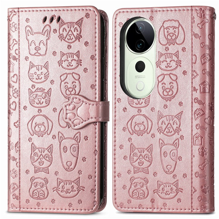 For vivo T3 Ultra 5G Case Leather Wallet Flip Phone Cover Cute Cat Dog Pattern - Rose Gold